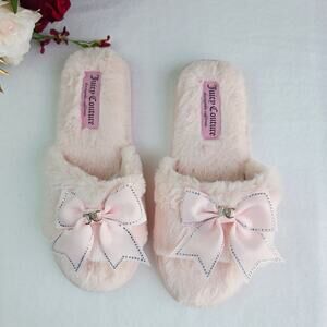 Juicy Couture Slide Slippers M 7-8 Blush Pink Faux Fur Coquette Y2K Girly Barbie
